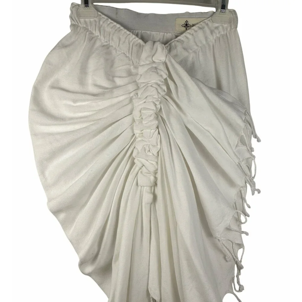 Just Bee Queen Tulum White Madi Ruched Wrap Skirt With Fringe Sz M Boho Resort - Picture 4 of 15